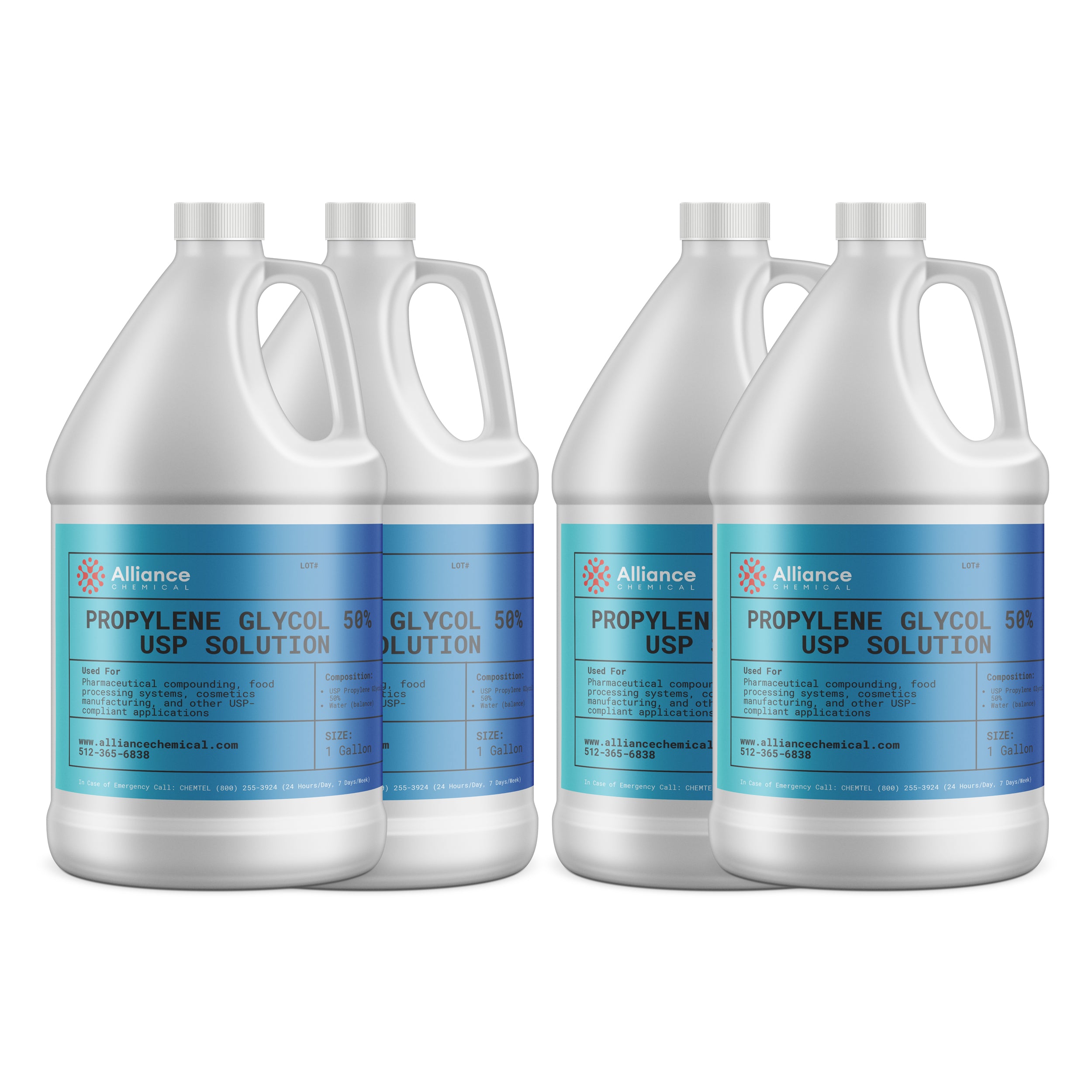 Alliance Chemical propylene glycol 50% USP grade in four clear 1-gallon plastic jugs with handle